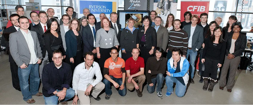 Group photo of early DMZ team and student entrepreneurs at Toronto Metropolitan University, marking the launch of DMZ with student-led startups.